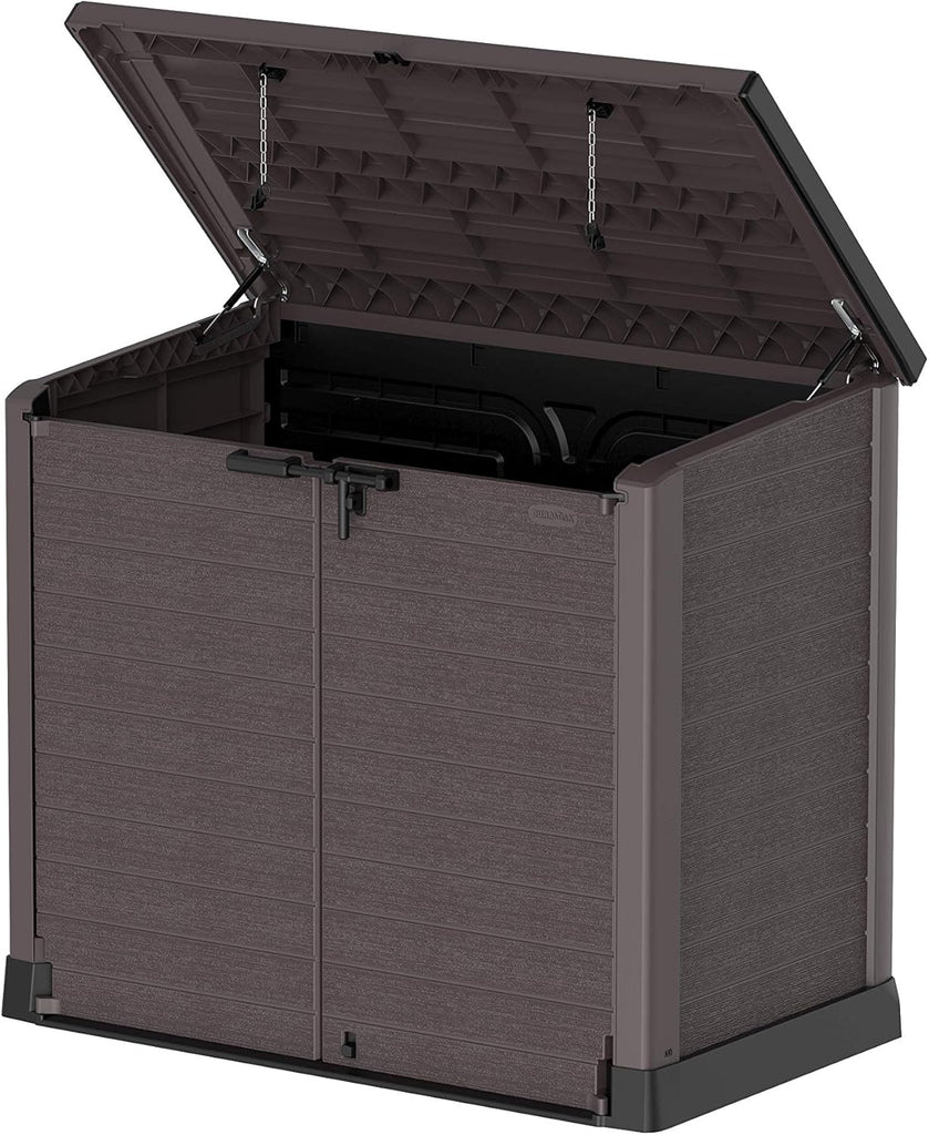 Duramax StoreAway 1200L Plastic Garden Shed/ Flat Lid, Outdoor Storage Shed, Wheelie Bin Hideaways, Wheelie bin box, Durable Construction, Ideal for Bikes, BBQs & 2x 240L Bins, 145x85x125 cm, Brown