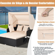 Load image into Gallery viewer, Chaise Longue à 2 Places en Rotin avec Auvent Rétractable Bain de Soleil avec Panneaux Latéraux Pliables Charge 360KG Beige/Gris