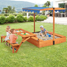 Load image into Gallery viewer, Bac à Sable en Bois pour Enfants avec Couvercle Aire de Jeux avec Table Sensorielle Pliable &amp; Banc Parasol Ajustable pour 3+ Ans Naturel