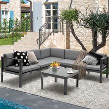 Load image into Gallery viewer, Salon de Jardin Extérieur avec Table Basse en Verre Trempé Canapéavec Dossier Inclinable à 6 Niveaux Coussins Inclus Gris
