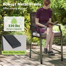 Load image into Gallery viewer, Outdoor Metal Bar Stools Set of 2 with Rattan Back, Armrest, Fabric Seat &amp; Cushions, Counter Height Patio Bar Chairs for Poolside, Porch, Backyard