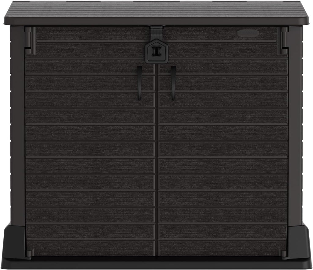 Duramax StoreAway 1200L Plastic Garden Shed/ Flat Lid, Outdoor Storage Shed, Wheelie Bin Hideaways, Wheelie bin box, Durable Construction, Ideal for Bikes, BBQs & 2x 240L Bins, 145x85x125 cm, Brown