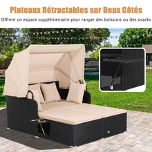 Load image into Gallery viewer, Chaise Longue à 2 Places en Rotin avec Auvent Rétractable Bain de Soleil avec Panneaux Latéraux Pliables Charge 360KG Beige/Gris