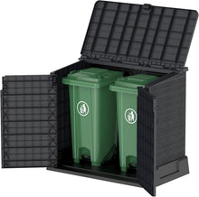Load image into Gallery viewer, Duramax StoreAway 1200L Plastic Garden Shed/ Flat Lid, Outdoor Storage Shed, Wheelie Bin Hideaways, Wheelie bin box, Durable Construction, Ideal for Bikes, BBQs &amp; 2x 240L Bins, 145x85x125 cm, Brown