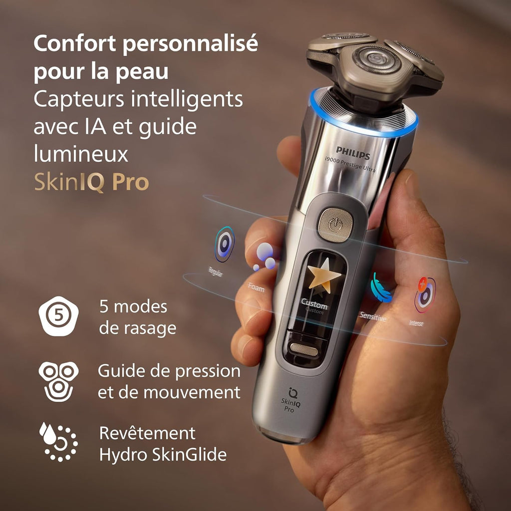 Philips Rasoir i9000 Prestige Ultra, Rasoir électrique 100% étanche, Technologie Skin IQ Pro, Système Triple Lift & Cut, Lames de précision NanoTech rotatives 360°, 5 modes de rasage, XP9401/38