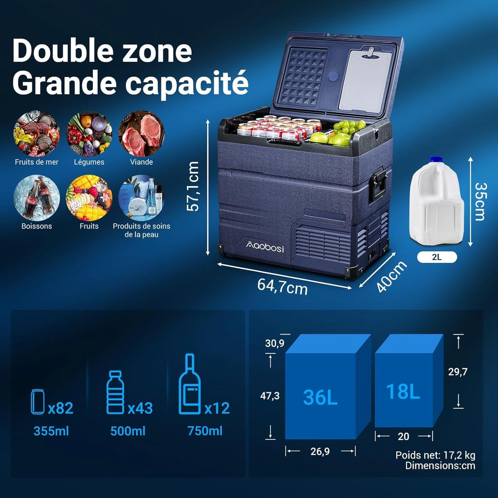 AAOBOSI 46 L Glaciere a Compression, Glaciere Electrique Double Zone, 12 V/24 V et 100-240 V Frigo Camping, -20 ℃ à 20 ℃, pour Voiture, Camion, Bateau, Camping-Car