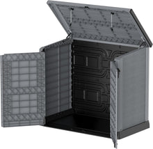 Load image into Gallery viewer, Duramax StoreAway 1200L Plastic Garden Shed/ Flat Lid, Outdoor Storage Shed, Wheelie Bin Hideaways, Wheelie bin box, Durable Construction, Ideal for Bikes, BBQs &amp; 2x 240L Bins, 145x85x125 cm, Brown