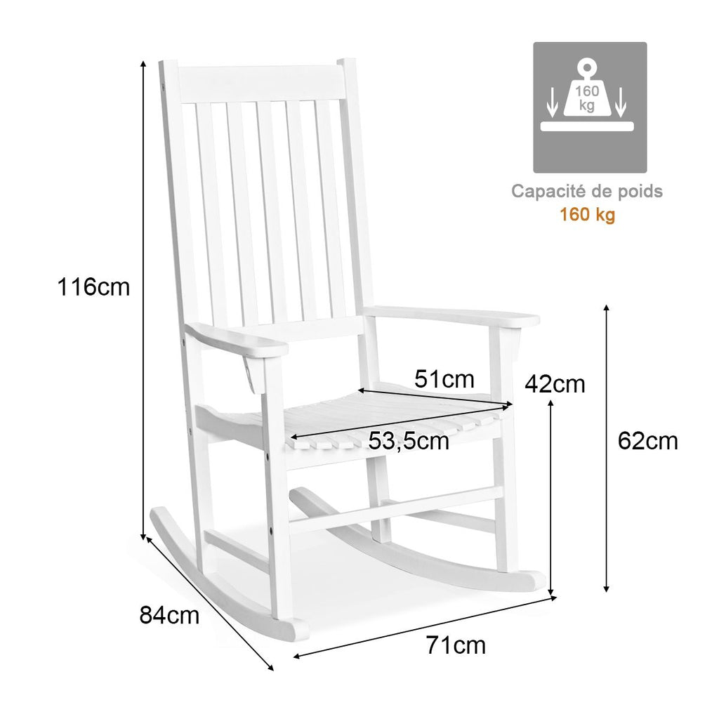 Fauteuil à Bascule en Bois d'Acacia Chaise Berçante pour Jardin Pelouse Balcon Blanc -