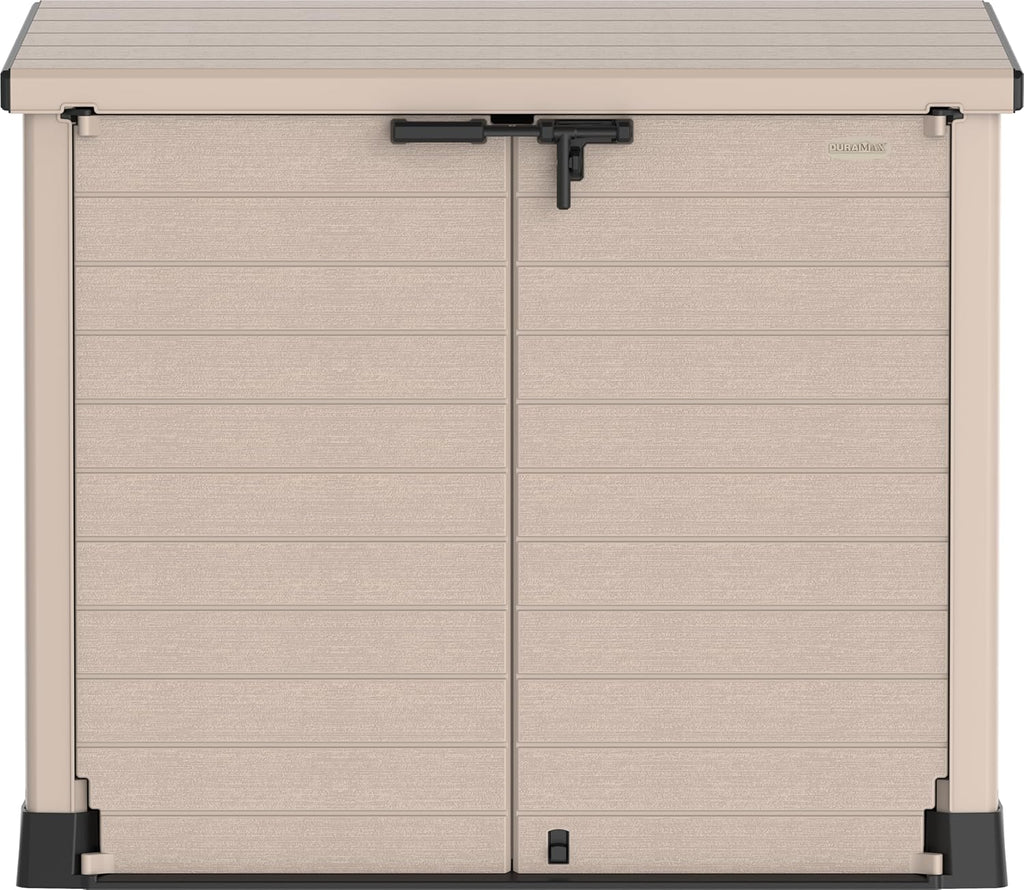 Duramax StoreAway 1200L Plastic Garden Shed/ Flat Lid, Outdoor Storage Shed, Wheelie Bin Hideaways, Wheelie bin box, Durable Construction, Ideal for Bikes, BBQs & 2x 240L Bins, 145x85x125 cm, Brown