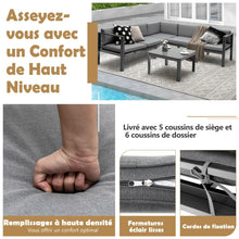 Load image into Gallery viewer, Salon de Jardin Extérieur avec Table Basse en Verre Trempé Canapéavec Dossier Inclinable à 6 Niveaux Coussins Inclus Gris