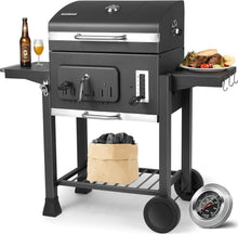 Load image into Gallery viewer, Barbecue Charbon de Bois XL, Chariot à Barbecue, Grill XL à Charbon avec Couvercle, Roues et Thermomètre, Réglable en Hauteur, Grand Barbecue au Charbon de Bois, pour Camping et Jardin, Noir