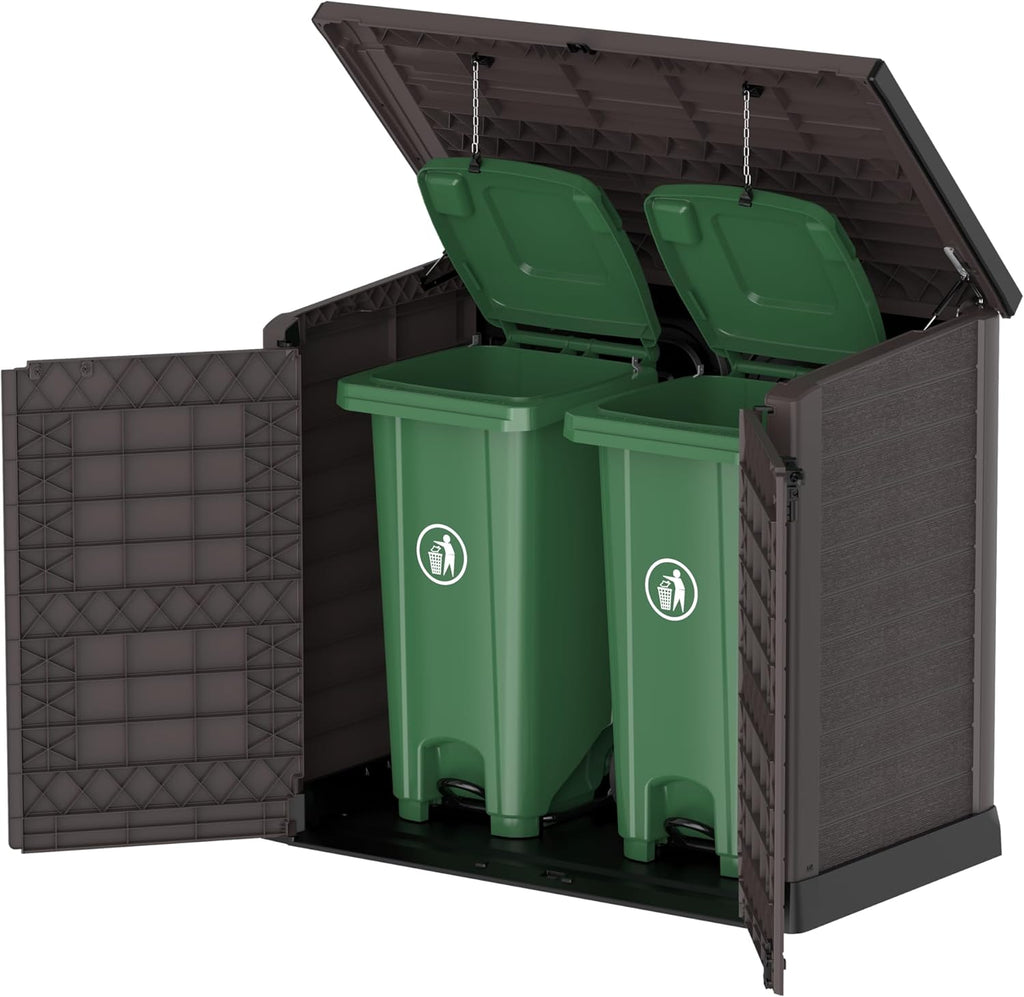 Duramax StoreAway 1200L Plastic Garden Shed/ Flat Lid, Outdoor Storage Shed, Wheelie Bin Hideaways, Wheelie bin box, Durable Construction, Ideal for Bikes, BBQs & 2x 240L Bins, 145x85x125 cm, Brown