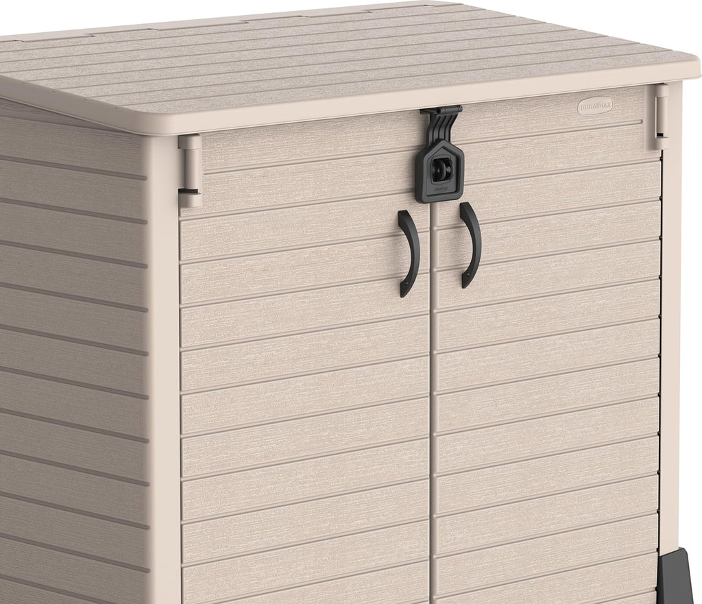 Duramax StoreAway 1200L Plastic Garden Shed/ Flat Lid, Outdoor Storage Shed, Wheelie Bin Hideaways, Wheelie bin box, Durable Construction, Ideal for Bikes, BBQs & 2x 240L Bins, 145x85x125 cm, Brown