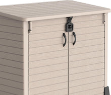 Load image into Gallery viewer, Duramax StoreAway 1200L Plastic Garden Shed/ Flat Lid, Outdoor Storage Shed, Wheelie Bin Hideaways, Wheelie bin box, Durable Construction, Ideal for Bikes, BBQs &amp; 2x 240L Bins, 145x85x125 cm, Brown
