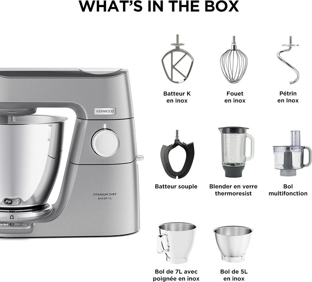 Kenwood Titanium Chef Baker KVC65.001WH, Pastry Robot with Integrated Scales, Including 3-Piece Pastry Set, Spatula & Splash Protection, 1200 W, White