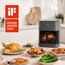Load image into Gallery viewer, Panasonic NF-CC500SXE AirFryer Friteuse sans huile avec Hublot, 5L, 80-200°C, Minuterie Numérique et Écran LCD, Vapeur Douce, 11 Préréglages, Nettoyage Facile, Gris Mat
