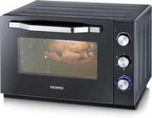 Load image into Gallery viewer, SEVERIN Mini-Four à chaleur tournante 42 L avec pierre à pizza et tournebroche, Four posable 1 800 W design élégant, électrique avec minuteur 120 min, Noir/Inox, TO 2058