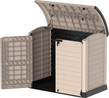 Load image into Gallery viewer, Duramax StoreAway 1200L Plastic Garden Shed/ Flat Lid, Outdoor Storage Shed, Wheelie Bin Hideaways, Wheelie bin box, Durable Construction, Ideal for Bikes, BBQs &amp; 2x 240L Bins, 145x85x125 cm, Brown