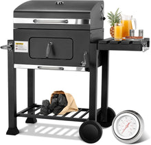 Load image into Gallery viewer, Barbecue Charbon de Bois XL, Chariot à Barbecue, Grill XL à Charbon avec Couvercle, Roues et Thermomètre, Réglable en Hauteur, Grand Barbecue au Charbon de Bois, pour Camping et Jardin, Noir