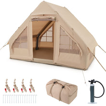 Load image into Gallery viewer, Tente de Camping Gonflable 6 m² pour 4-6 Personnes Tente en Coton Coupe-vent et Imperméable avec Pompe 7 Fenêtres à Moustiquaire Beige