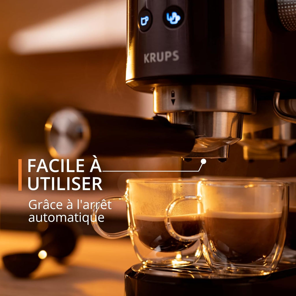 Krups Virtuoso+, Machine expresso, Machine a cafe à pompe, expresso machine a cafe moulu ou dosettes, 15 bars, Inox, Buse vapeur, Espresso et cappuccino, XP444G10