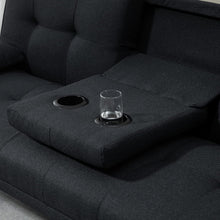 Load image into Gallery viewer, HOMCOM Canapé Convertible 3 Places Design scandinave Inclinaison Dossier réglable 3 Niveaux Dossier Centrale Rabattable 2 Porte-Verres Bois Massif Lin Gris