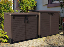 Load image into Gallery viewer, Duramax StoreAway 1200L Plastic Garden Shed/ Flat Lid, Outdoor Storage Shed, Wheelie Bin Hideaways, Wheelie bin box, Durable Construction, Ideal for Bikes, BBQs &amp; 2x 240L Bins, 145x85x125 cm, Brown