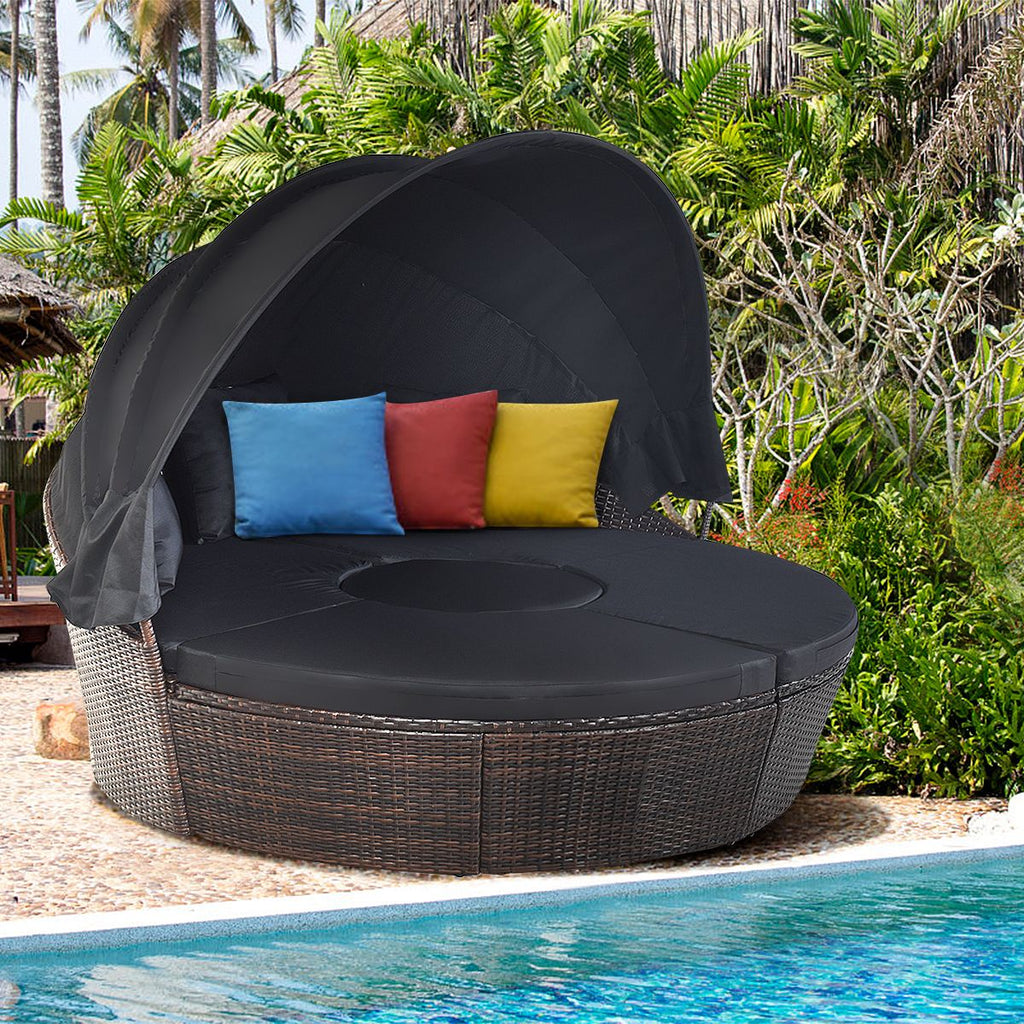 Lit de Jardin Rond d'Exterieur Table Relevable Modulable & Convertible - Pare Soleil Réglable rotin PE Coussins Inclus Noir
