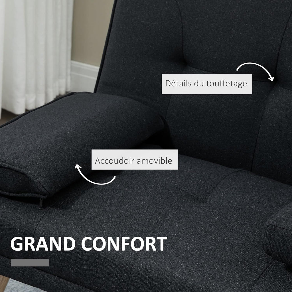 HOMCOM Canapé Convertible 3 Places Design scandinave Inclinaison Dossier réglable 3 Niveaux Dossier Centrale Rabattable 2 Porte-Verres Bois Massif Lin Gris