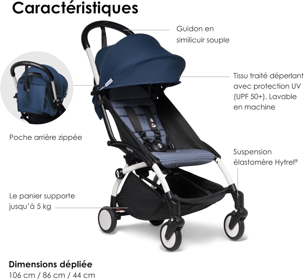 Poussette BABYZEN YOYO2 6+ (Cadre noir + pack couleur Aqua) - Comprend un harnais, un dossier, des arceaux de capote, une bandoulière, un coussin d’assise, et une capote assortie