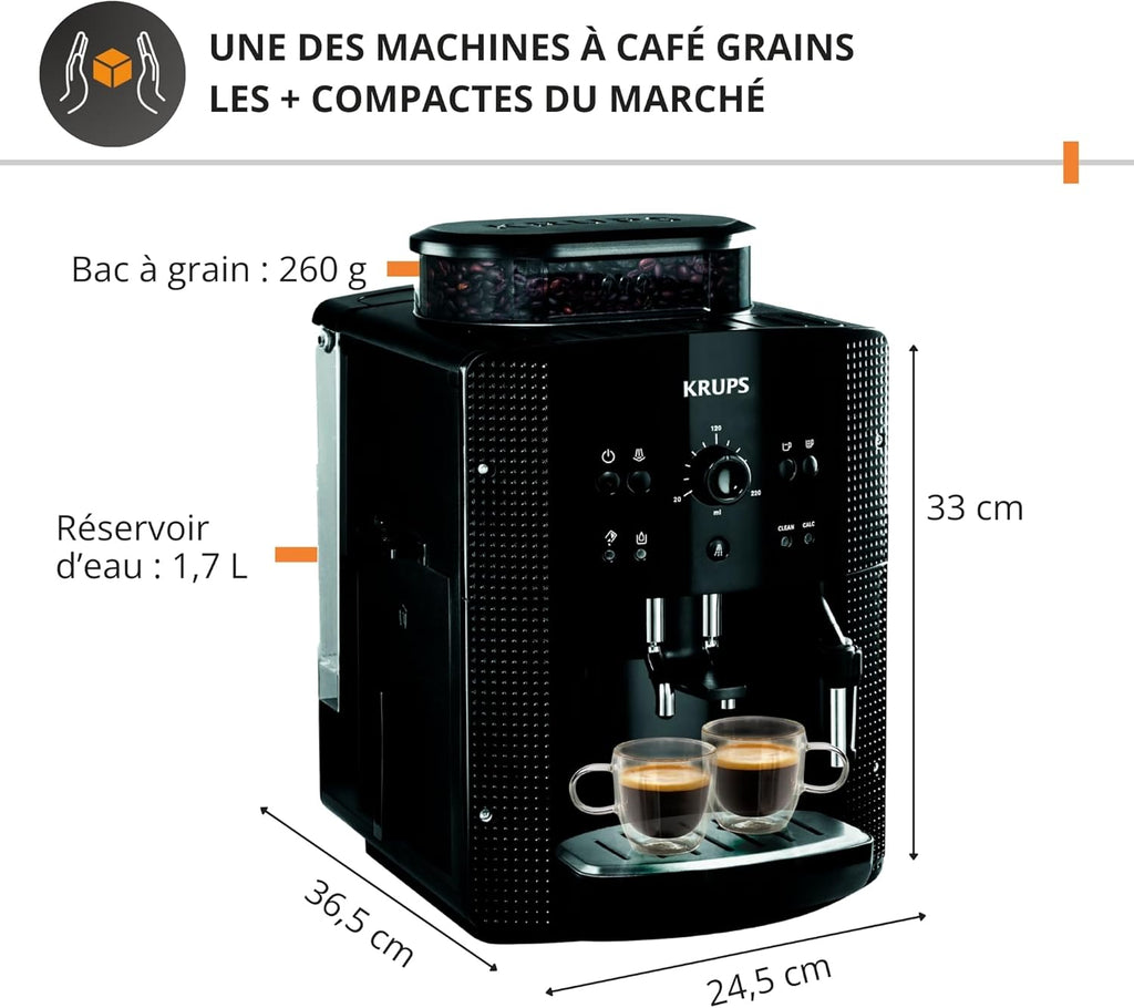 Krups Coffee Bean Machine, 1.7 L, 2 Cups Simultaneously, Automatic Cleaning, Steam Nozzle for Cappuccino, Espresso Maker, Essential Black YY8125FD
