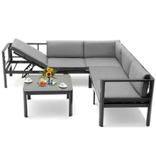 Load image into Gallery viewer, Salon de Jardin Extérieur avec Table Basse en Verre Trempé Canapéavec Dossier Inclinable à 6 Niveaux Coussins Inclus Gris