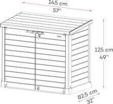 Load image into Gallery viewer, Duramax StoreAway 1200L Plastic Garden Shed/ Flat Lid, Outdoor Storage Shed, Wheelie Bin Hideaways, Wheelie bin box, Durable Construction, Ideal for Bikes, BBQs &amp; 2x 240L Bins, 145x85x125 cm, Brown