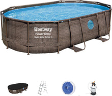 Load image into Gallery viewer, Bestway 56946 Piscine Power Steel™ Swim Vista ovale 488 x 305 x 107 cm motif rotin avec hublots, filtration à sable, échelle, bâche et diffuseur Chemconnect™