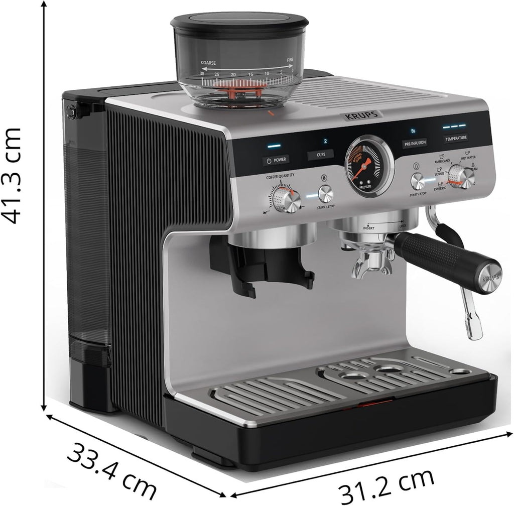 Krups Virtuoso+, Machine expresso, Machine a cafe à pompe, expresso machine a cafe moulu ou dosettes, 15 bars, Inox, Buse vapeur, Espresso et cappuccino, XP444G10