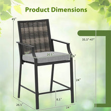 Load image into Gallery viewer, Outdoor Metal Bar Stools Set of 2 with Rattan Back, Armrest, Fabric Seat &amp; Cushions, Counter Height Patio Bar Chairs for Poolside, Porch, Backyard