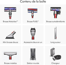 Load image into Gallery viewer, Dyson V8 Advanced™ Aspirateur Balai sans Fil – 130 AW, 40 Min d’autonomie, Brosse Motorbar Auto-démêlante, Accessoires combinés, Station Murale, Argent/Nickel