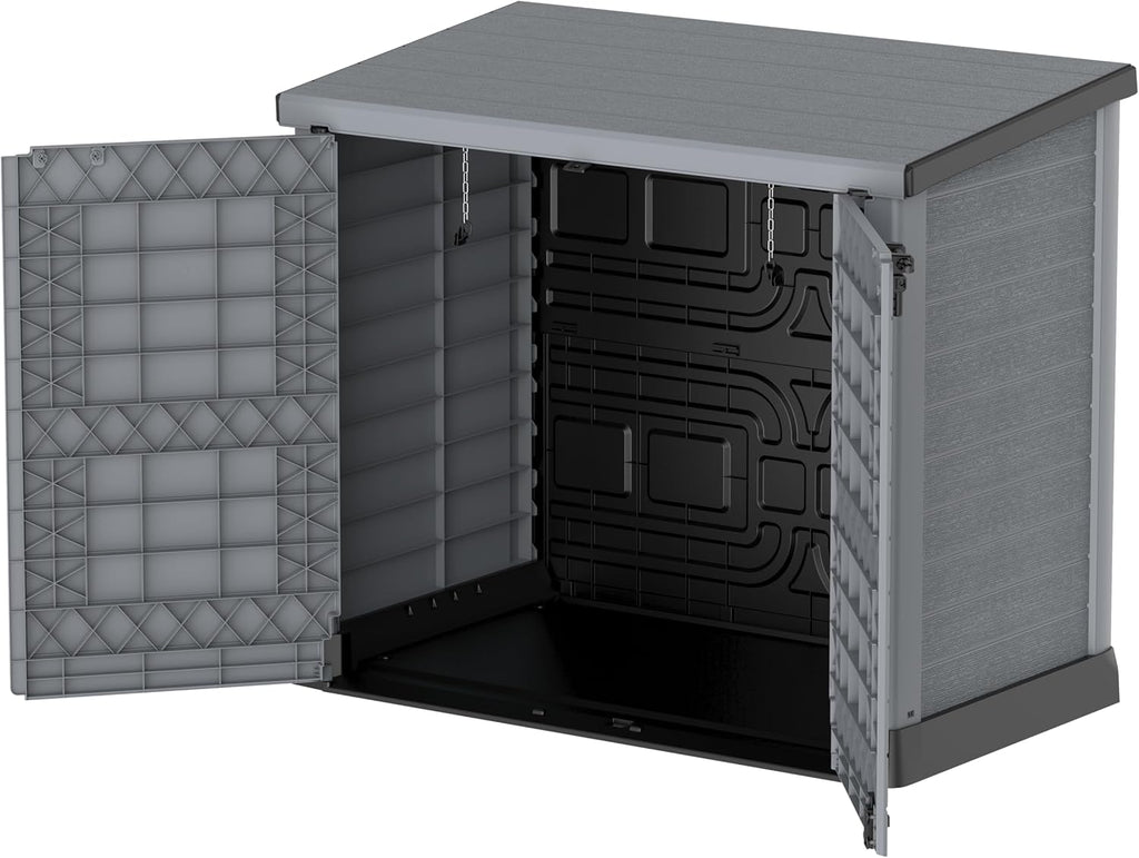 Duramax StoreAway 1200L Plastic Garden Shed/ Flat Lid, Outdoor Storage Shed, Wheelie Bin Hideaways, Wheelie bin box, Durable Construction, Ideal for Bikes, BBQs & 2x 240L Bins, 145x85x125 cm, Brown