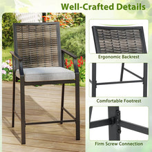 Load image into Gallery viewer, Outdoor Metal Bar Stools Set of 2 with Rattan Back, Armrest, Fabric Seat &amp; Cushions, Counter Height Patio Bar Chairs for Poolside, Porch, Backyard