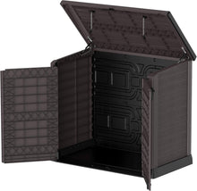 Load image into Gallery viewer, Duramax StoreAway 1200L Plastic Garden Shed/ Flat Lid, Outdoor Storage Shed, Wheelie Bin Hideaways, Wheelie bin box, Durable Construction, Ideal for Bikes, BBQs &amp; 2x 240L Bins, 145x85x125 cm, Brown