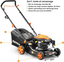 Load image into Gallery viewer, FUXTEC Tondeuse thermique pousse FX-RM4646ECO - Tres bon rapport qualit-prix - Easy Clean 3en1 largeur de coupe 46cm - bac de ramassage 50L