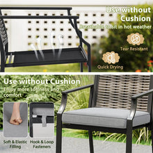 Load image into Gallery viewer, Outdoor Metal Bar Stools Set of 2 with Rattan Back, Armrest, Fabric Seat &amp; Cushions, Counter Height Patio Bar Chairs for Poolside, Porch, Backyard