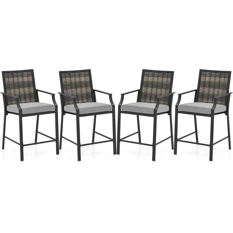Outdoor Metal Bar Stools Set of 2 with Rattan Back, Armrest, Fabric Seat & Cushions, Counter Height Patio Bar Chairs for Poolside, Porch, Backyard