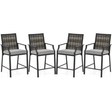 Load image into Gallery viewer, Outdoor Metal Bar Stools Set of 2 with Rattan Back, Armrest, Fabric Seat &amp; Cushions, Counter Height Patio Bar Chairs for Poolside, Porch, Backyard
