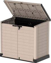 Load image into Gallery viewer, Duramax StoreAway 1200L Plastic Garden Shed/ Flat Lid, Outdoor Storage Shed, Wheelie Bin Hideaways, Wheelie bin box, Durable Construction, Ideal for Bikes, BBQs &amp; 2x 240L Bins, 145x85x125 cm, Brown