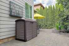 Load image into Gallery viewer, Duramax StoreAway 1200L Plastic Garden Shed/ Flat Lid, Outdoor Storage Shed, Wheelie Bin Hideaways, Wheelie bin box, Durable Construction, Ideal for Bikes, BBQs &amp; 2x 240L Bins, 145x85x125 cm, Brown