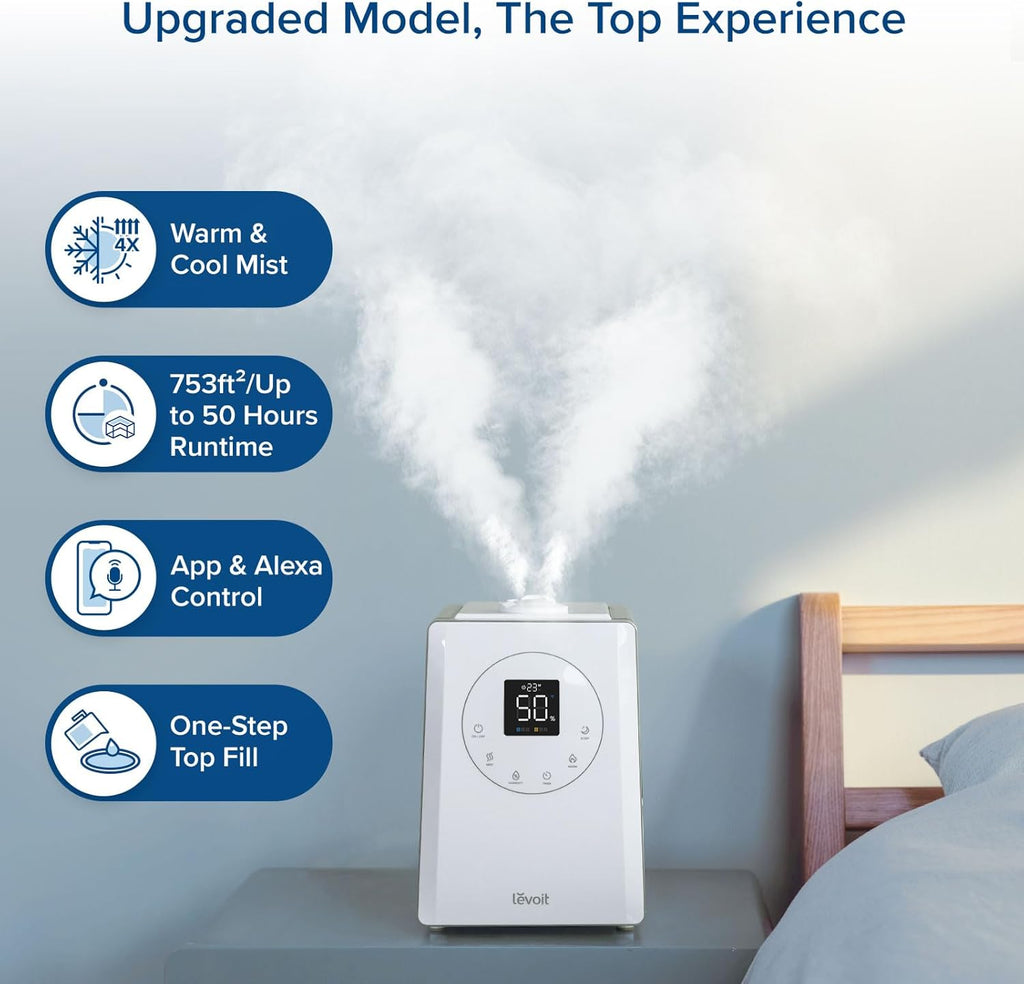 LEVOIT OasisMist 1000S (10L) Smart Humidifier for Home Large Room Bedroom, Last 100 Hours Suitable for Indoor Plant, Cover up to 600ft², Easy Top Fill, Remoter & Voice Control, Auto Mode, Quiet, White