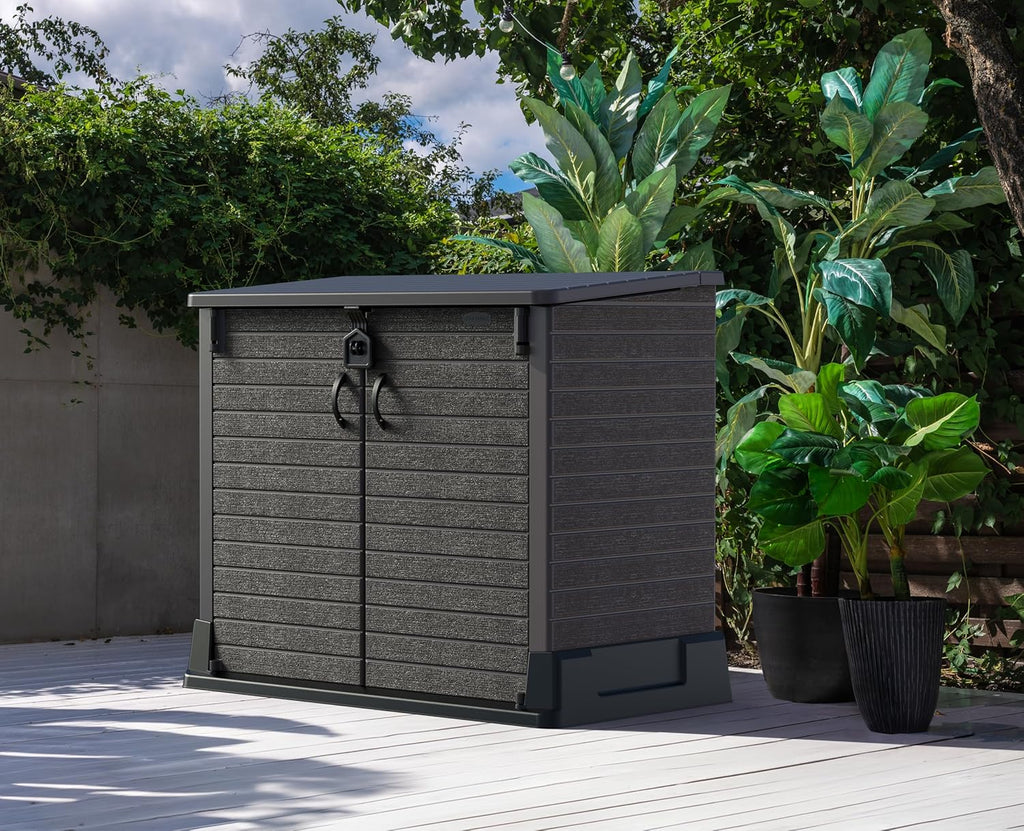 Duramax StoreAway 1200L Plastic Garden Shed/ Flat Lid, Outdoor Storage Shed, Wheelie Bin Hideaways, Wheelie bin box, Durable Construction, Ideal for Bikes, BBQs & 2x 240L Bins, 145x85x125 cm, Brown