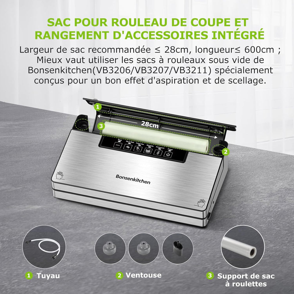 Bonsenkitchen Food Vacuum Sealer Machine, 5 Modes-8L/min, Globefish Technology for Continuous Work at High Speed, Includes 100 Vacuum Bags and 1 Roll Bag
