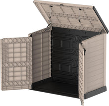 Load image into Gallery viewer, Duramax StoreAway 1200L Plastic Garden Shed/ Flat Lid, Outdoor Storage Shed, Wheelie Bin Hideaways, Wheelie bin box, Durable Construction, Ideal for Bikes, BBQs &amp; 2x 240L Bins, 145x85x125 cm, Brown